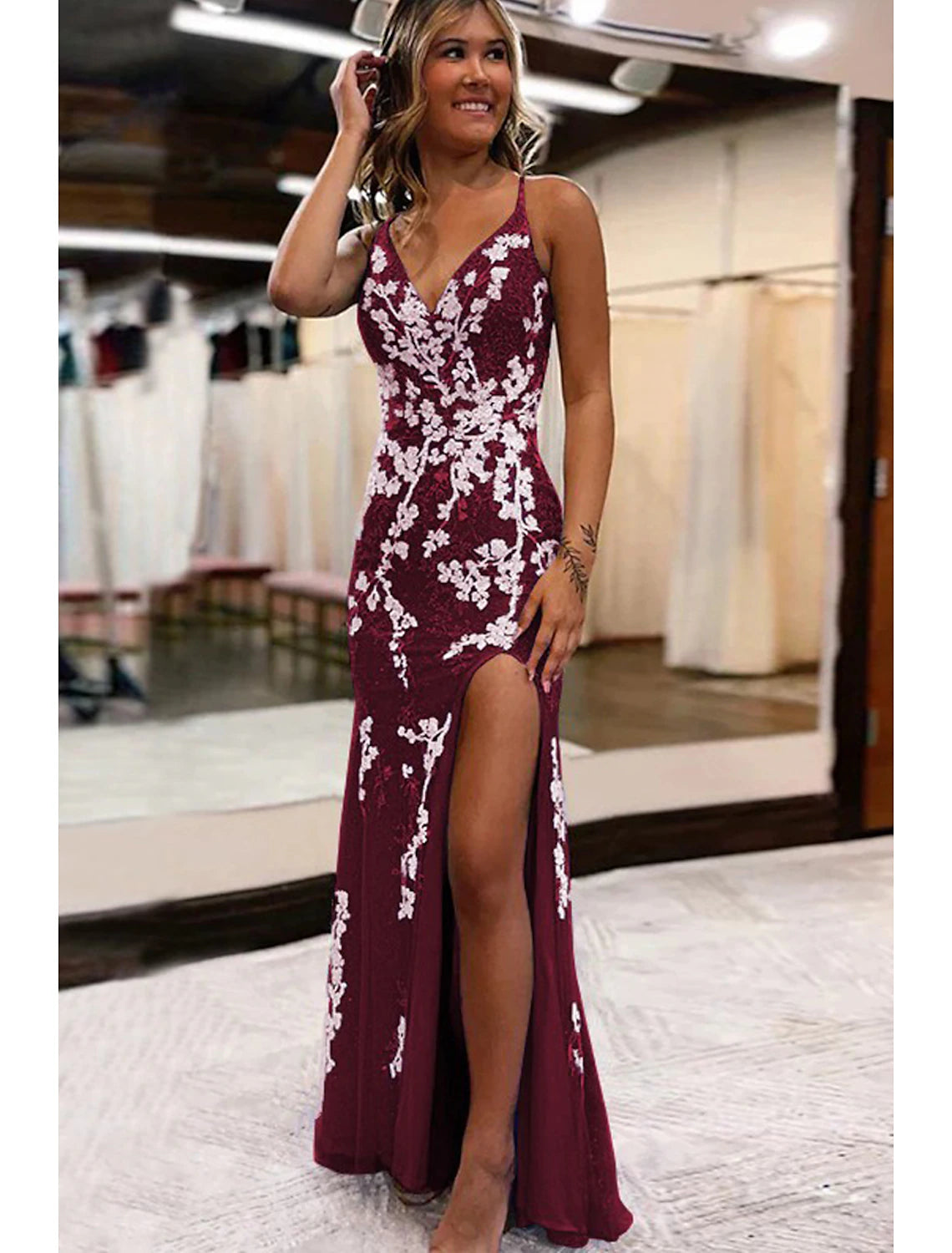 Wholesale  Mermaid / Trumpet Prom Dresses Open Back Dress Formal Wedding Party Sweep / Brush Train Sleeveless V Neck Tulle Backless with Slit Appliques