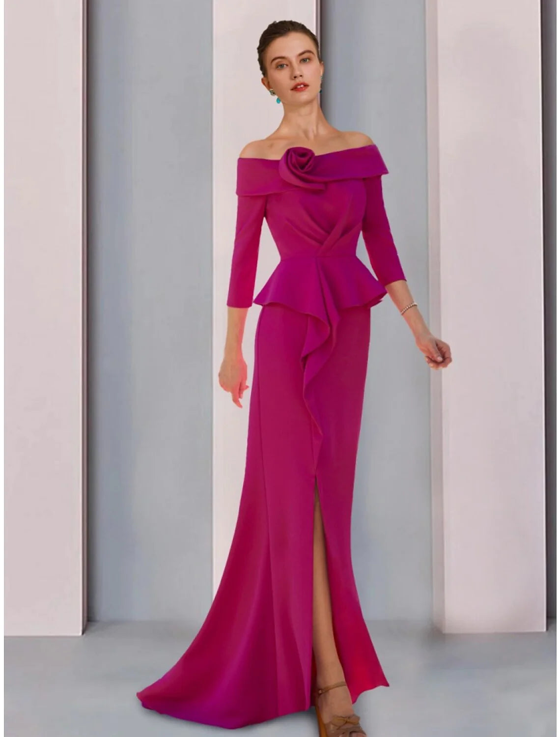 Wholesale A-Line Mother of the Bride Dress Wedding Guest Elegant Off Shoulder Sweep / Brush Train Stretch Fabric 3/4 Length Sleeve with Ruffles Split Front Ruching