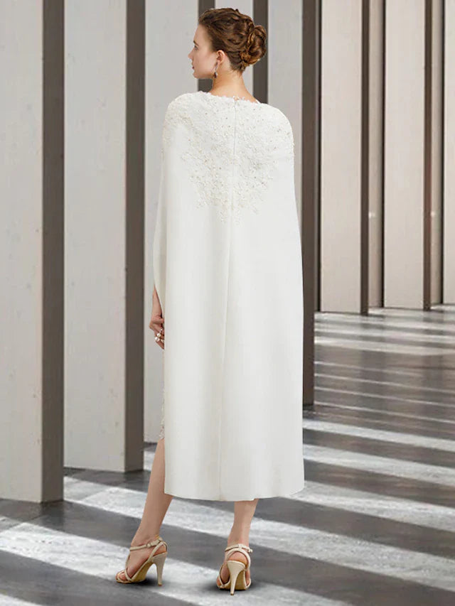 Wholesale Two Piece Sheath / Column Mother of the Bride Dress Church Elegant Jewel Neck Knee Length Chiffon Lace Sleeveless with Beading Appliques