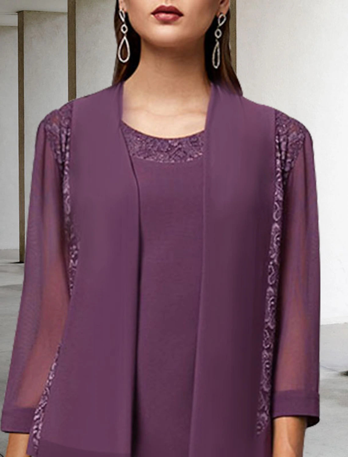 Wholesale  Two Piece A-Line Mother of the Bride Dress Elegant Jewel Neck Tea Length Chiffon Lace Sleeveless Wrap Included with Solid