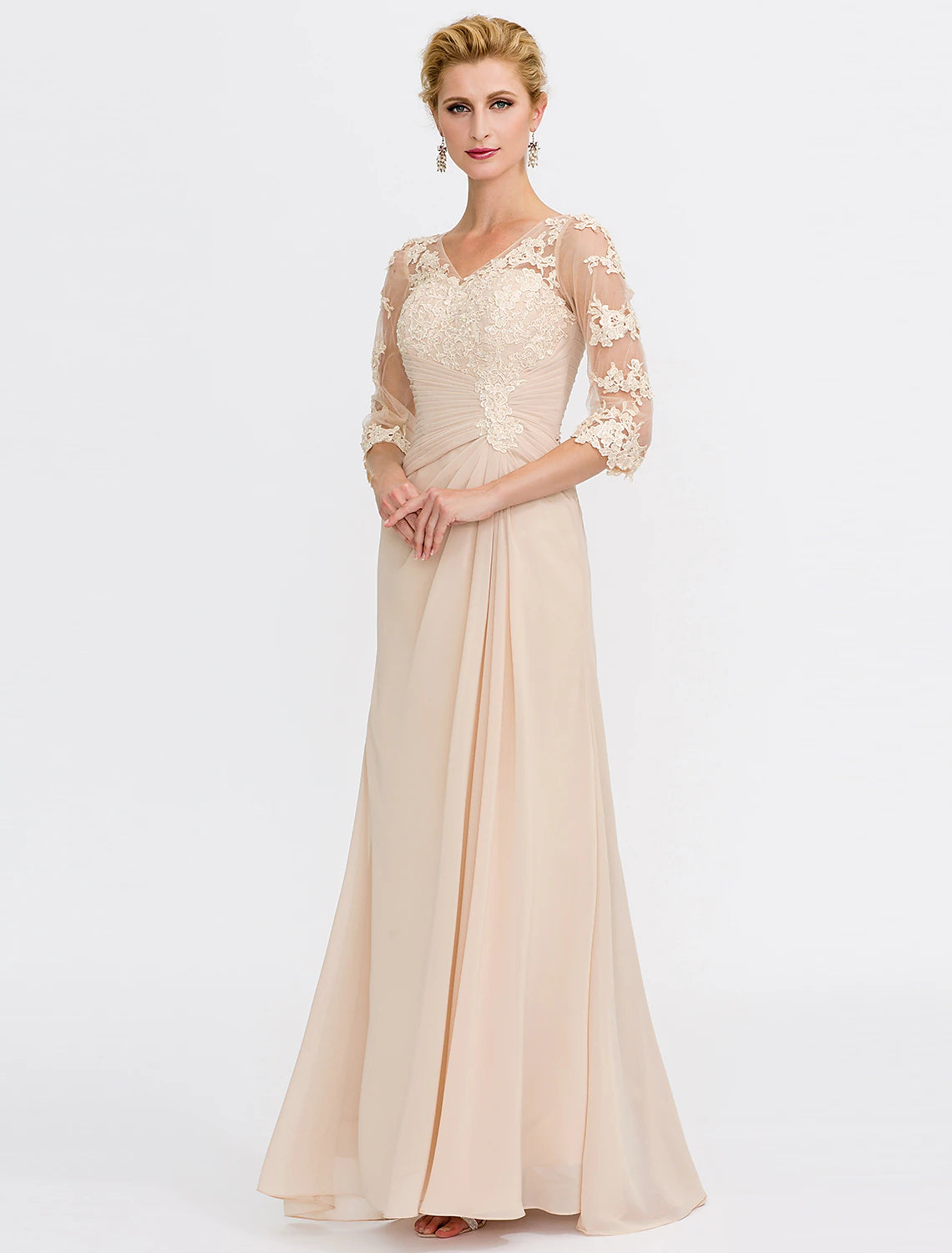 Wholesale  A-Line Mother of the Bride Dress Fall Wedding Guest Dresses Plus Size Elegant See Through V Neck Floor Length Chiffon Half Sleeve with Appliques Side Draping
