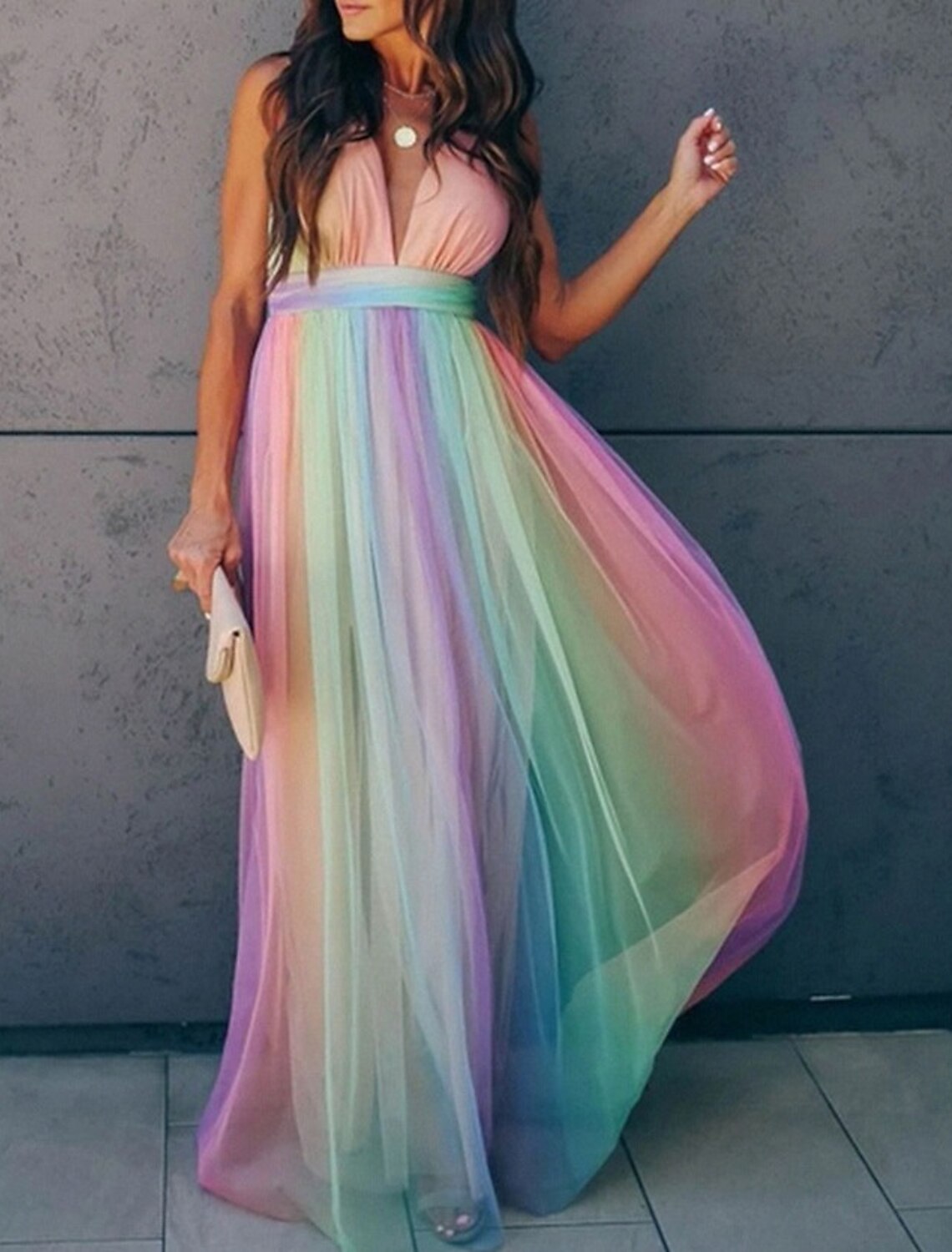 Wholesale A-Line Prom Dresses Ombre Dress Wedding Guest Prom Floor Length Sleeveless V Neck Tulle Backless with Sash / Ribbon Splicing
