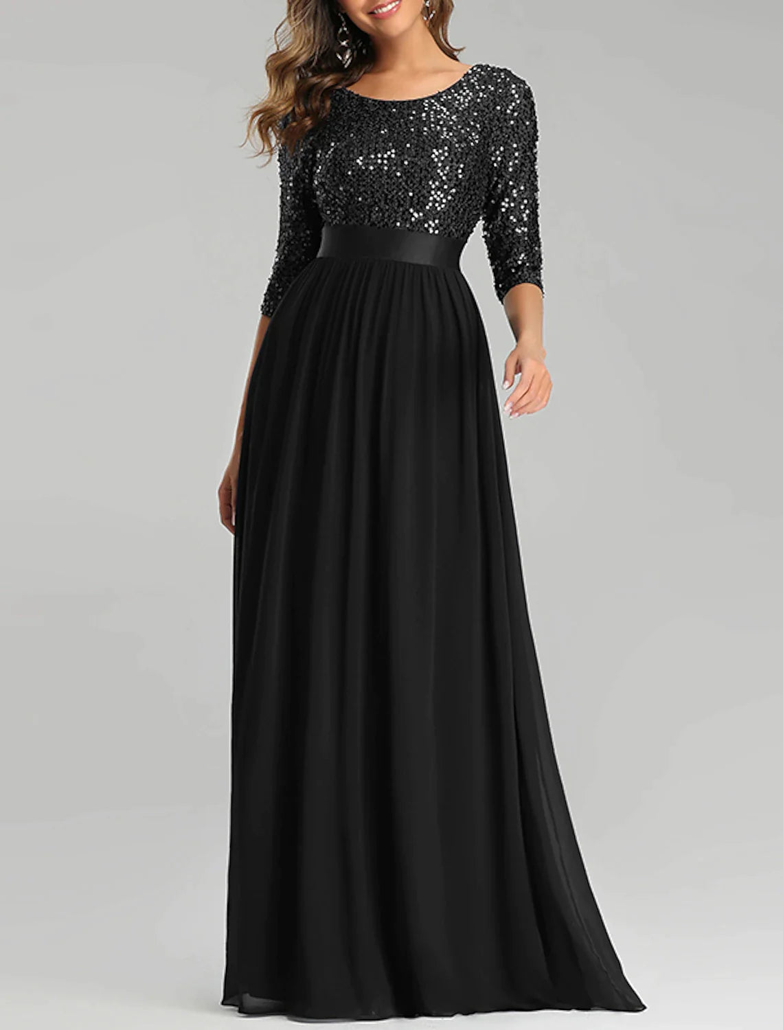 Wholesale A-Line Mother of the Bride Dress Wedding Guest Plus Size Elegant Jewel Neck Floor Length Tulle Sequined 3/4 Length Sleeve with Sequin Fall
