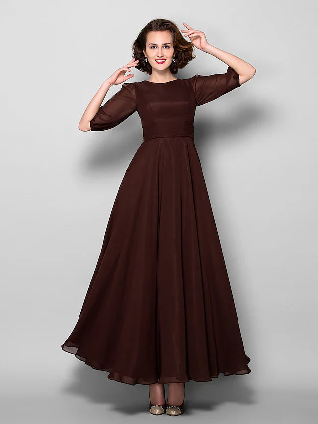 Wholesale A-Line Mother of the Bride Dress Elegant Jewel Neck Ankle Length Chiffon Half Sleeve with Sash / Ribbon Ruched