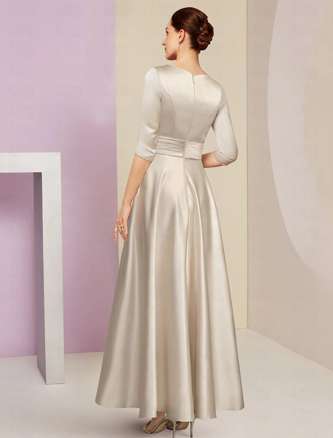 Wholesale A-Line Mother of the Bride Dress Formal Wedding Guest Elegant V Neck Ankle Length Sequined Italy Satin 3/4 Length Sleeve with Pleats Ruched