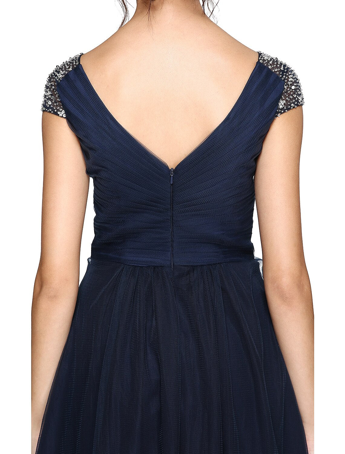 Wholesale  Sheath / Column Minimalist Dress Wedding Guest Prom Asymmetrical Short Sleeve V Neck Bridesmaid Dress Tulle V Back with Criss Cross Pleats Beading