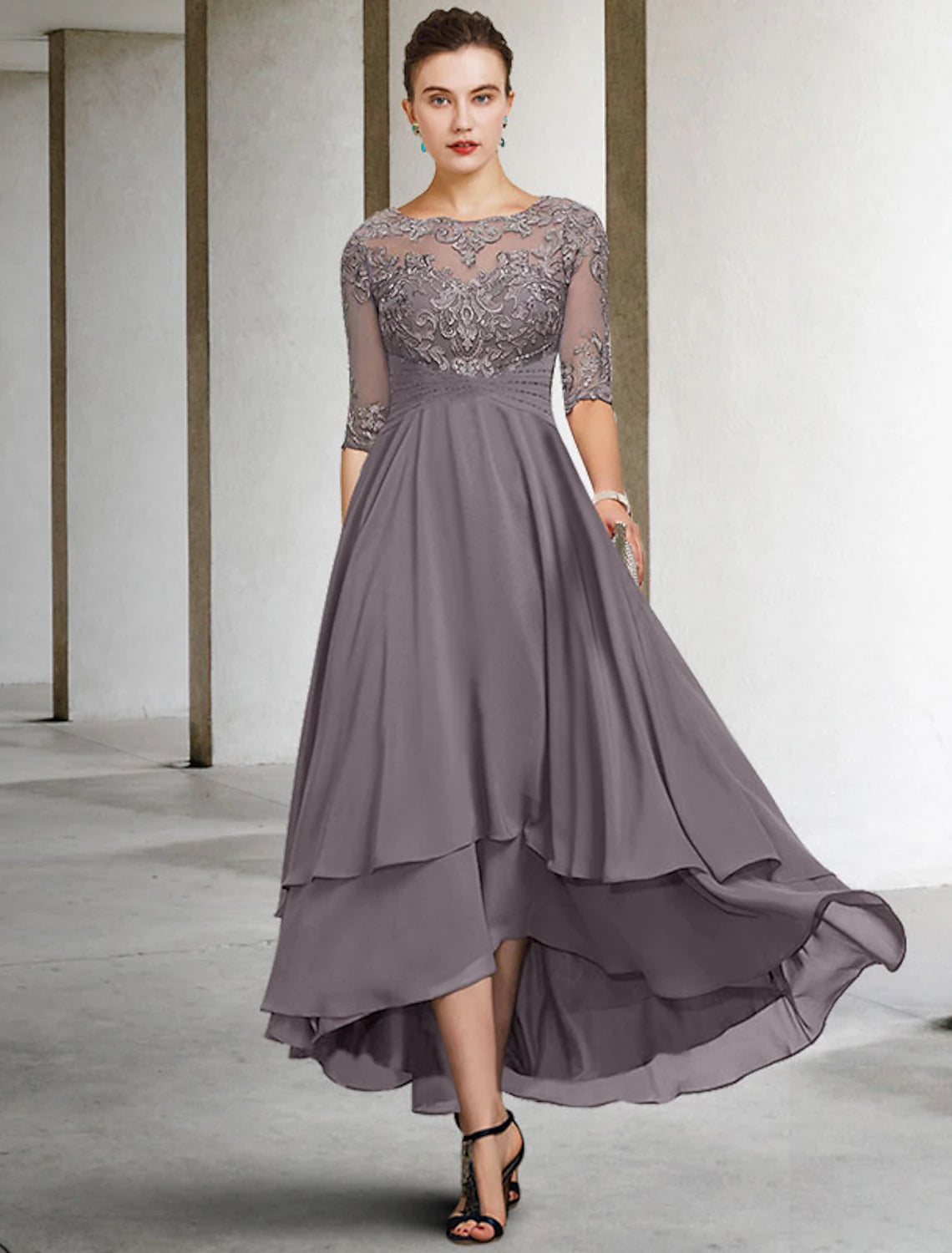 Wholesale  A-Line Mother of the Bride Dress Plus Size Elegant High Low Jewel Neck Asymmetrical Ankle Length Chiffon Lace Half Sleeve with Beading Ruffles Appliques