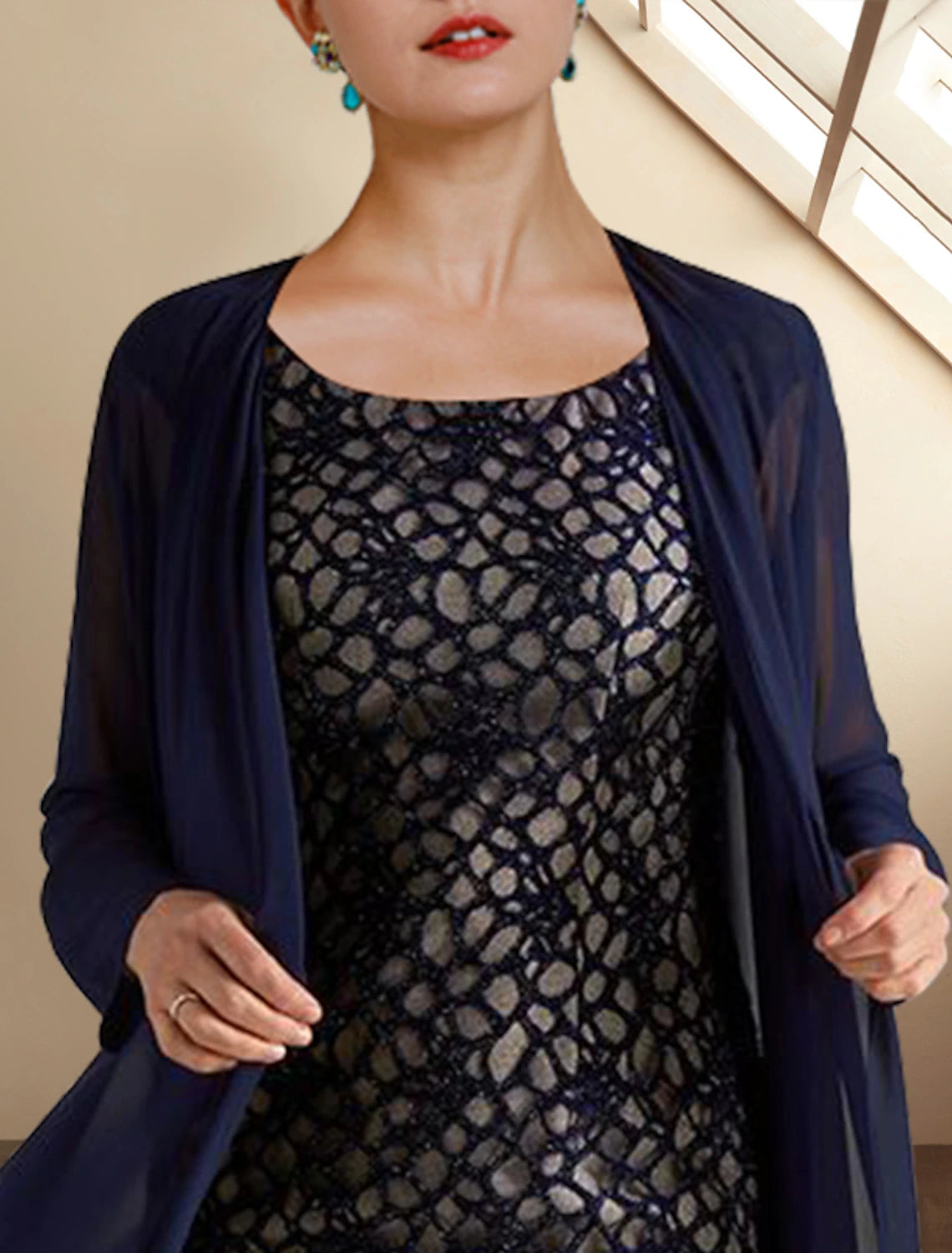 Wholesale  Two Piece Sheath / Column Mother of the Bride Dress Church Elegant Jewel Neck Knee Length Chiffon Lace Short Sleeve Jacket Dresses with Appliques