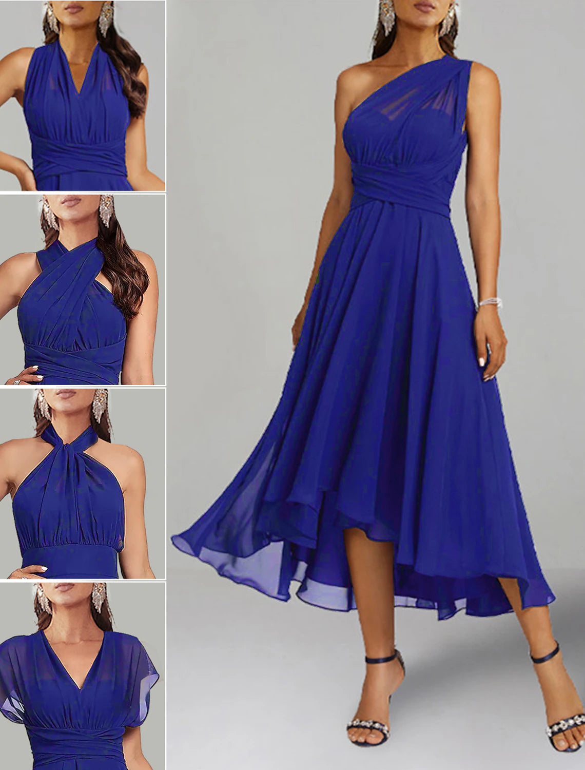 Wholesale A-Line Wedding Guest Dresses Elegant Dress Formal Wedding Party Tea Length Sleeveless One Shoulder Fall Wedding Guest Chiffon with Ruched