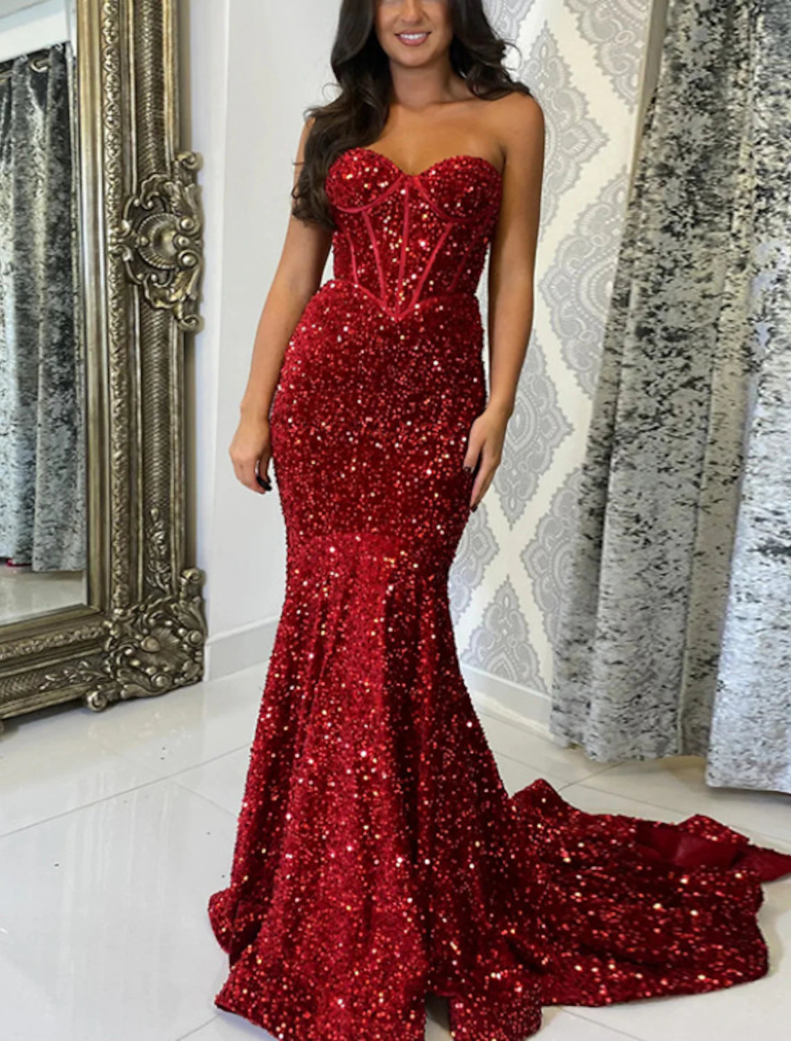 Wholesale A-Line Mermaid / Trumpet Prom Dresses Glittering Dress Prom Wedding Party Court Train Sleeveless Sweetheart Sequined Backless with Sequin