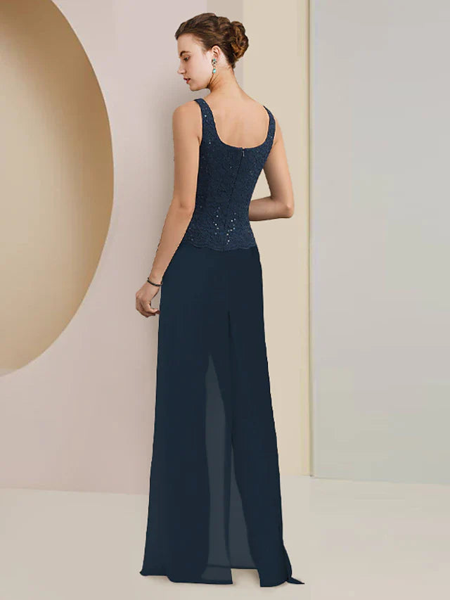 Wholesale Jumpsuit / Pantsuit 3 Piece Mother of the Bride Dress Formal Wedding Guest Plus Size Elegant Scoop Neck Floor Length Chiffon Lace Sleeveless Wrap Included with Sequin