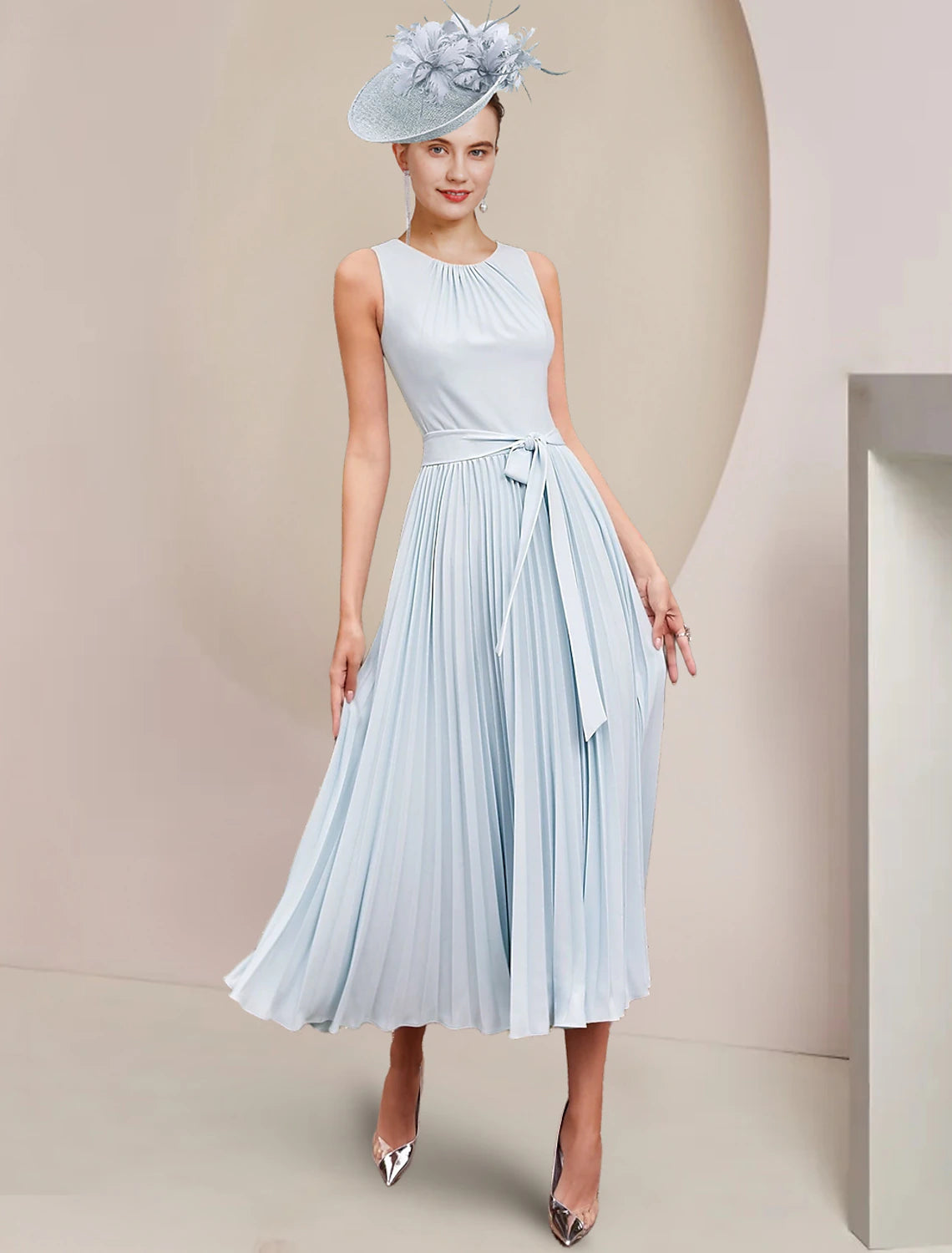 Wholesale  Two Piece A-Line Mother of the Bride Dress Wedding Guest Party Vintage Elegant Scoop Neck Tea Length Chiffon Sleeveless Wrap Included with Bow(s) Pleats