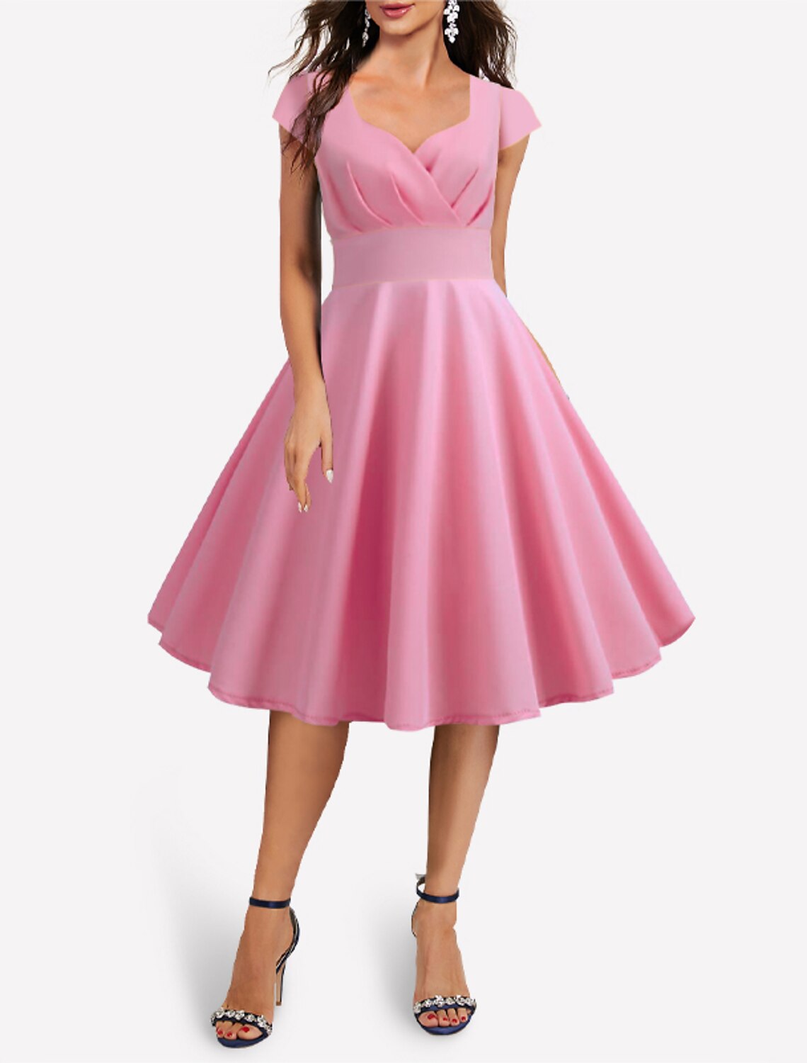 Wholesale A-Line Party Dresses Vintage Dress Holiday Summer Knee Length Short Sleeve V Neck Spandex with Pleats