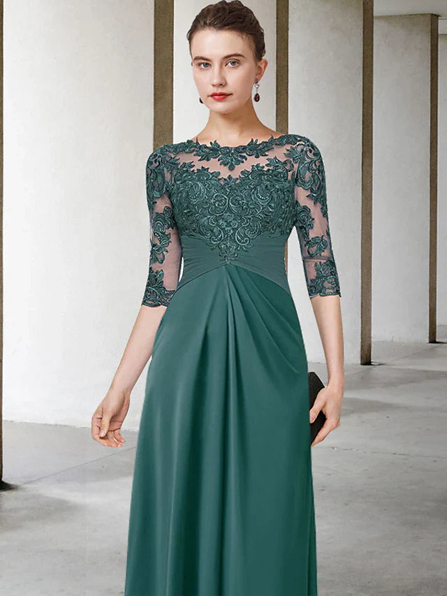 Wholesale Sheath / Column Mother of the Bride Dress Plus Size Elegant Jewel Neck Floor Length Chiffon Lace Half Sleeve with Ruched Appliques