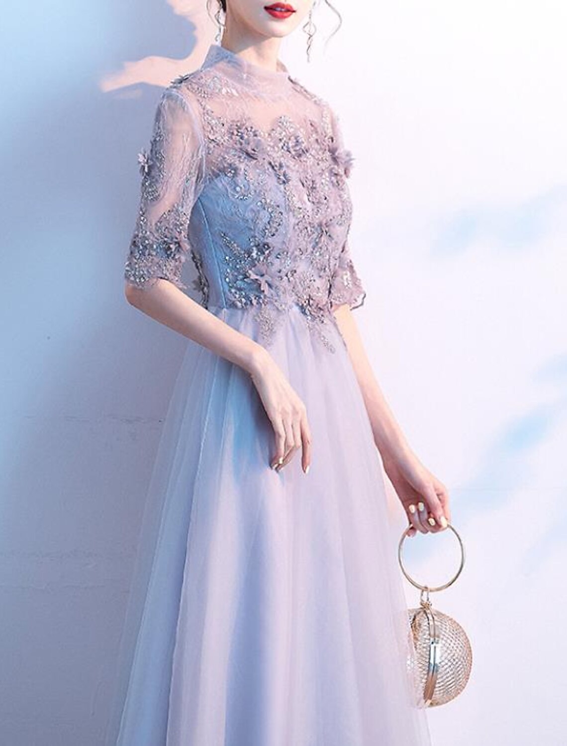 Wholesale A-Line Cocktail Dresses Floral Dress Party Wear Wedding Guest Knee Length Half Sleeve High Neck Lace with Pleats Sequin Appliques