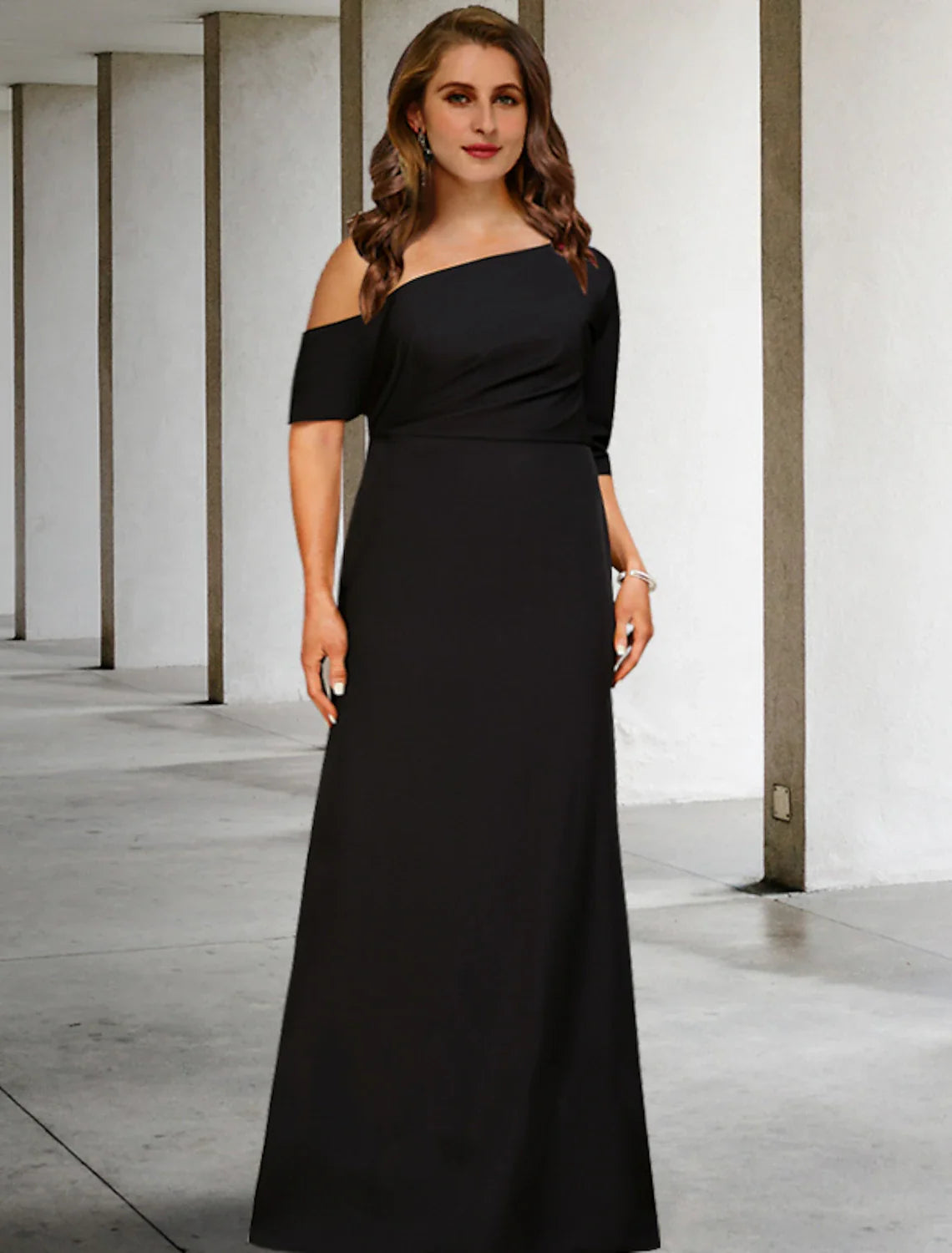 Wholesale A-Line Mother of the Bride Dresses Plus Size Hide Belly Curve Vintage Dress Party Wear Floor Length 3/4 Length Sleeve One Shoulder Stretch Fabric with Ruched
