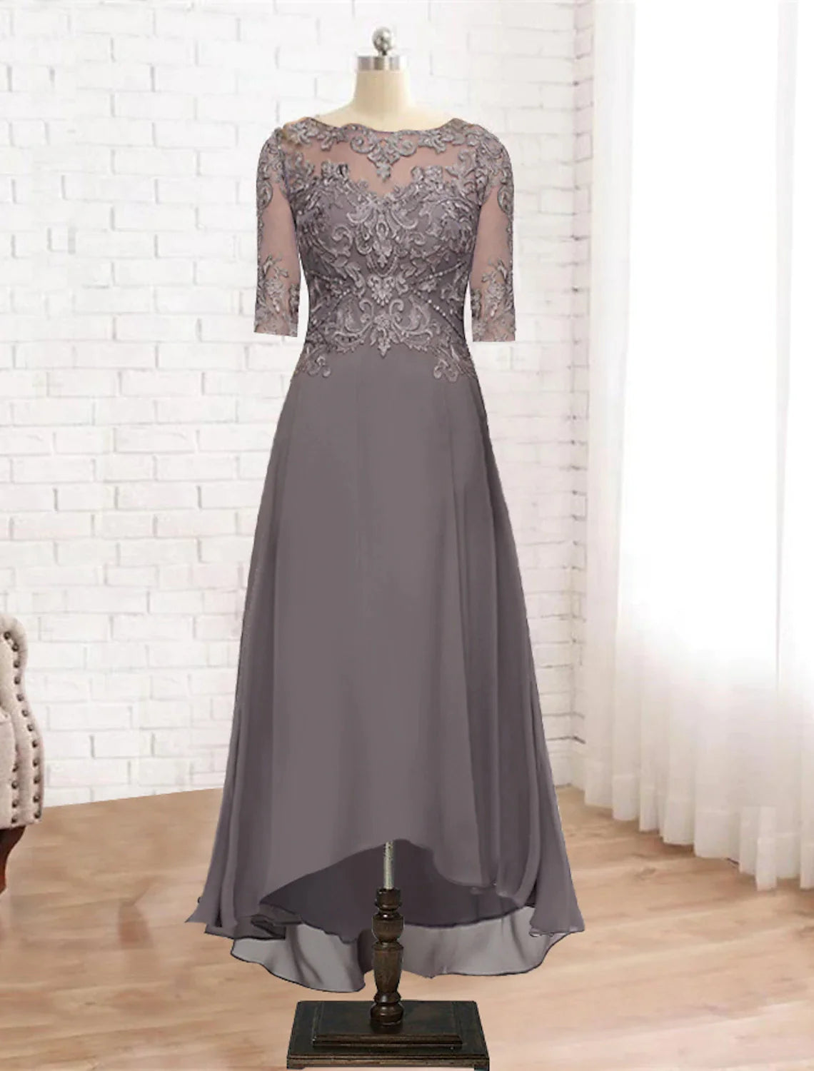 Wholesale A-Line Mother of the Bride Dress Formal Wedding Guest Elegant High Low Scoop Neck Asymmetrical Tea Length Chiffon Lace Half Sleeve with Pleats Appliques