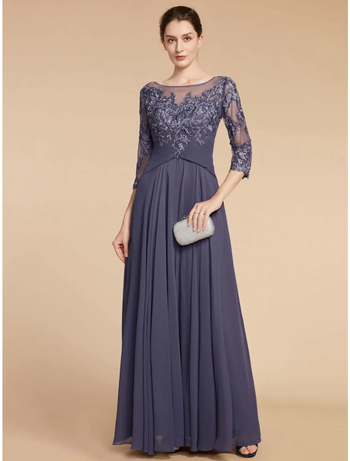 Wholesale A-Line Mother of the Bride Dress Wedding Guest Elegant Scoop Neck Floor Length Chiffon Lace 3/4 Length Sleeve with Ruching Solid Color