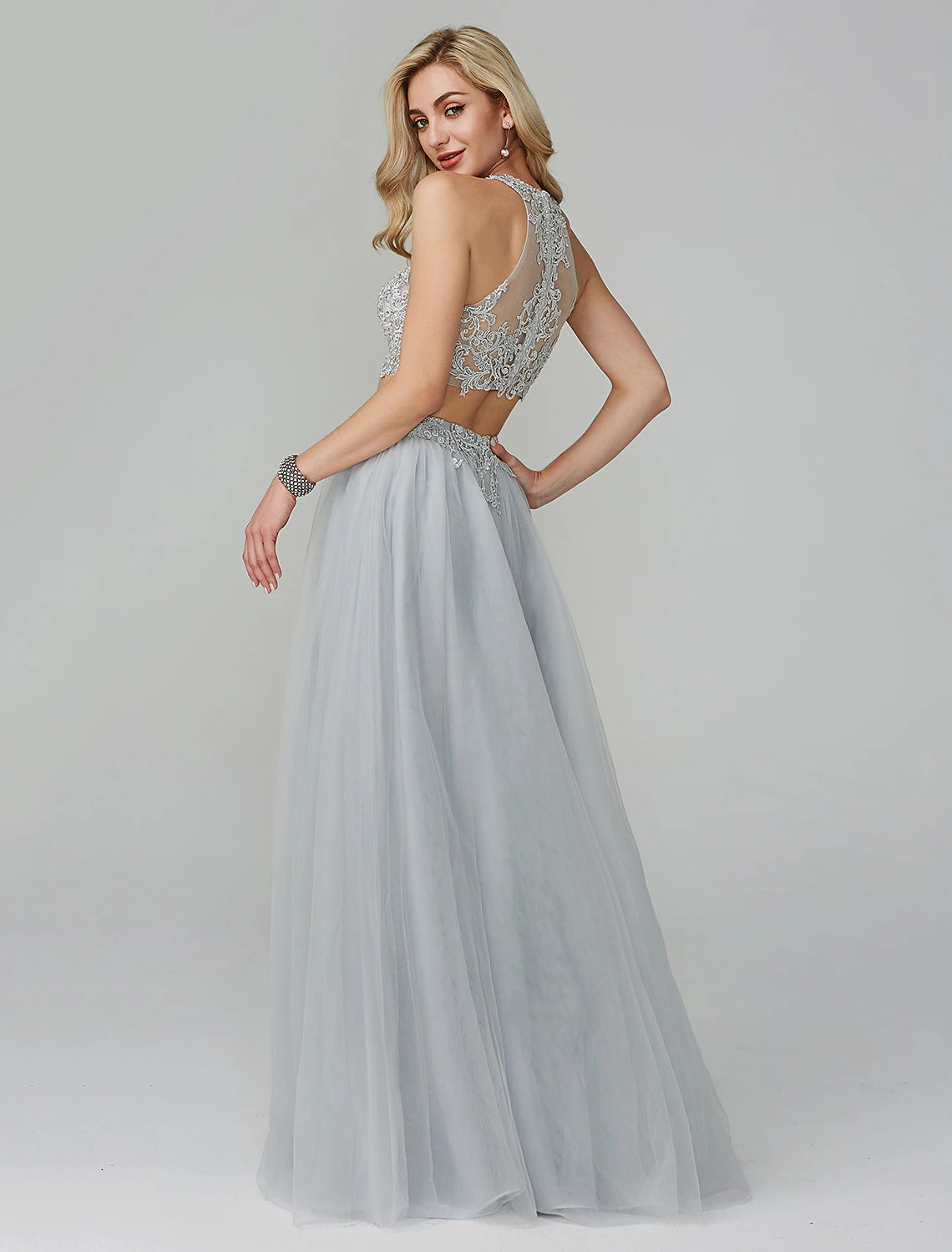 Wholesale  Two Piece Empire Prom Formal Evening Dress Halter Neck Sleeveless Floor Length Lace with Appliques