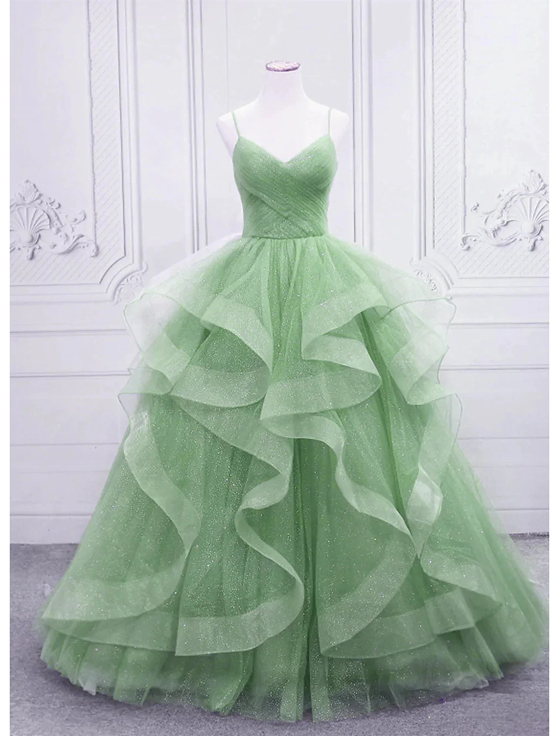 Wholesale Ball Gown Prom Dresses Glittering Dress Formal Prom Floor Length Sleeveless V Neck Tulle with Glitter Ruffles
