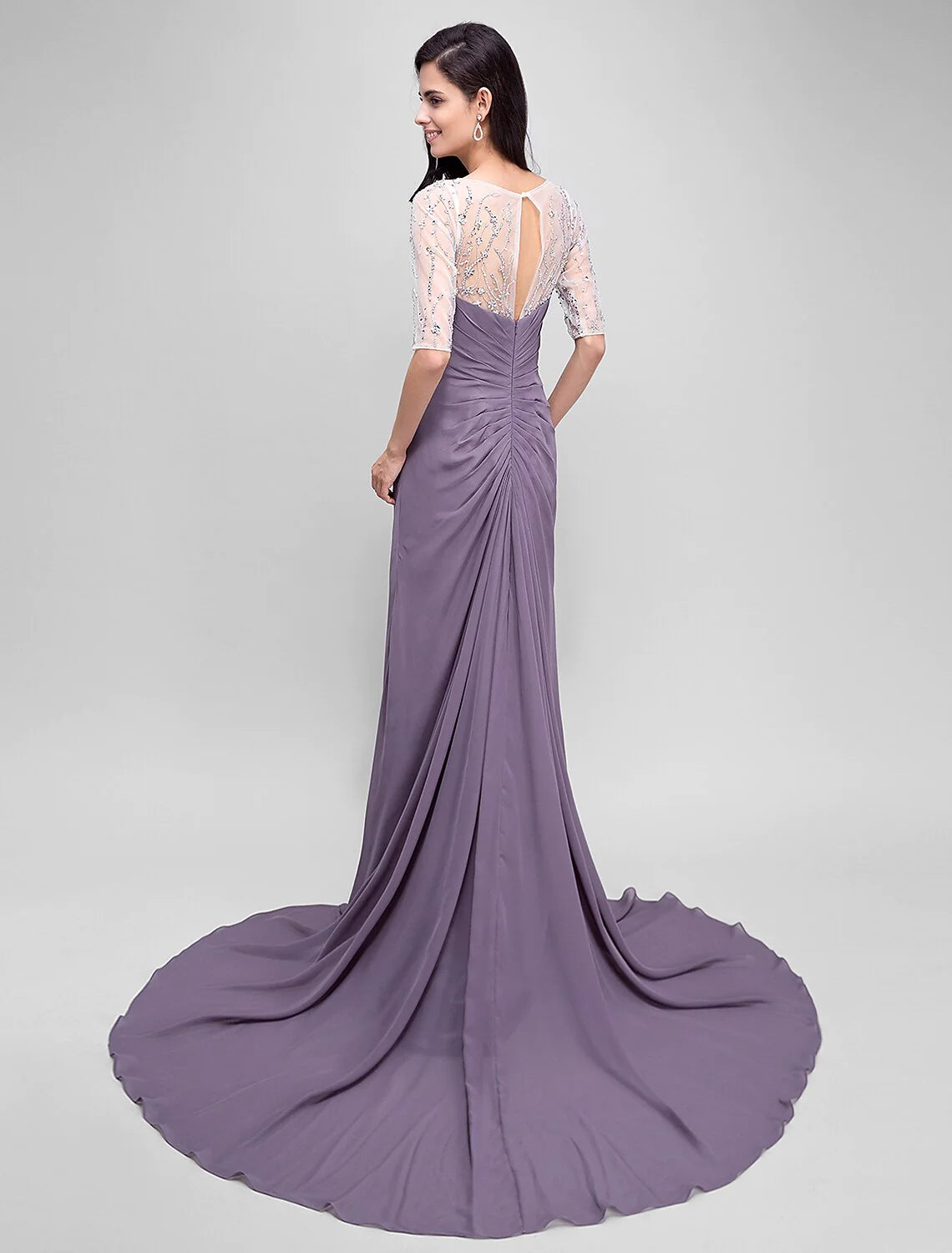 Wholesale A-Line Mother of the Bride Dress Elegant Scoop Neck Floor Length Chiffon Half Sleeve No with Criss Cross Beading