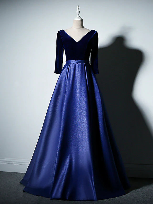 Wholesale A-Line Mother of the Bride Dress Simple Elegant V Neck Floor Length Taffeta Velvet Long Sleeve with Pleats