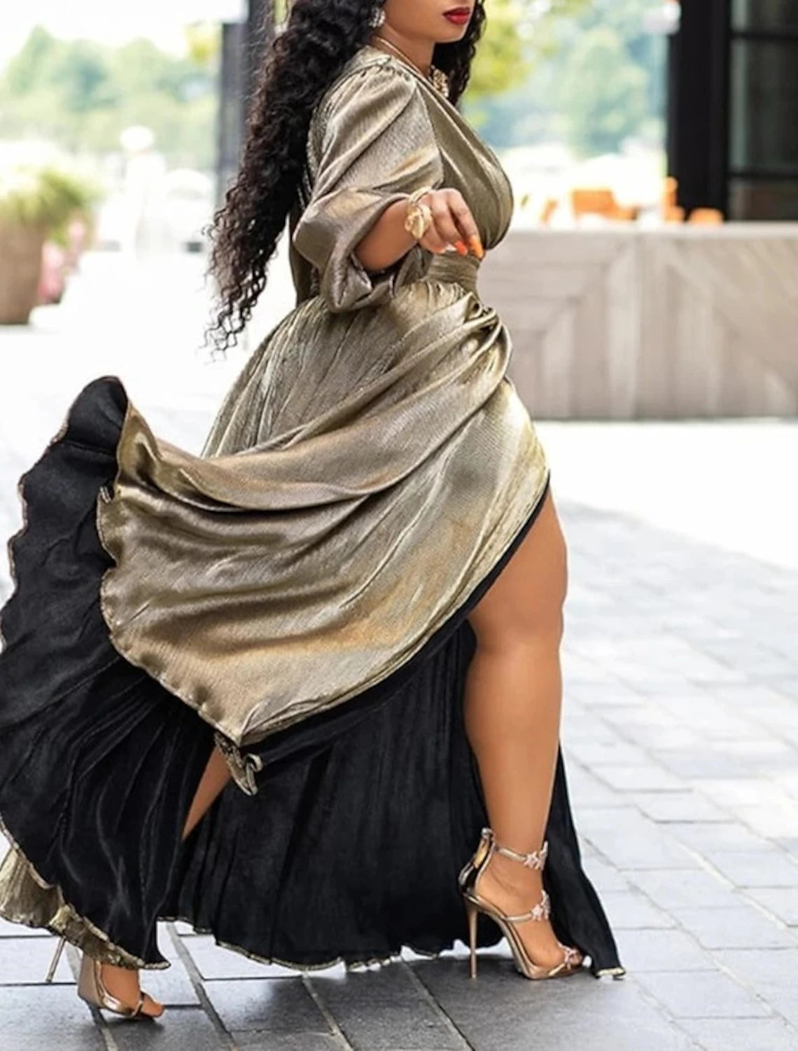 Wholesale A-Line Homecoming Dresses Glittering Dress Holiday Wedding Guest Floor Length Long Sleeve V Neck Lurex Fabric with Glitter Slit