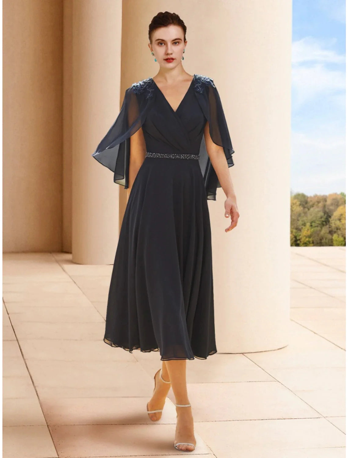 Wholesale A-Line Mother of the Bride Dress Wedding Guest Elegant Petite V Neck Tea Length Chiffon Half Sleeve with Sequin Ruching