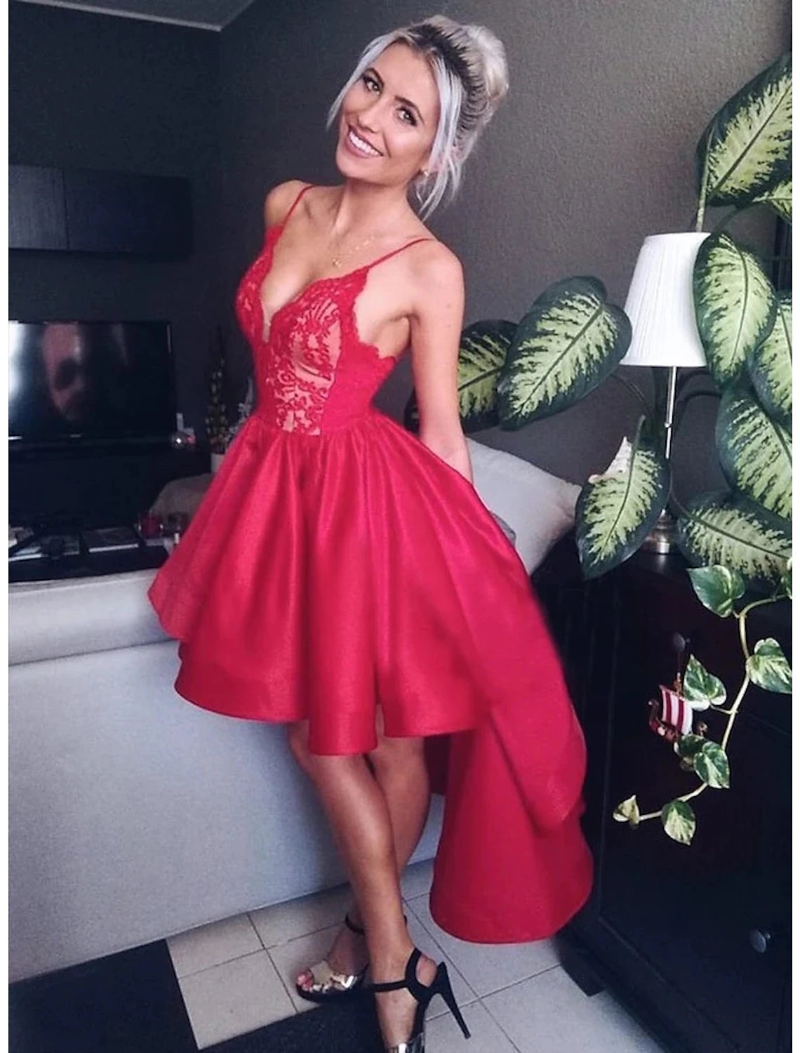 Wholesale  A-Line Prom Dresses Party Dress Homecoming Birthday Asymmetrical Sleeveless V Neck Satin with Pleats