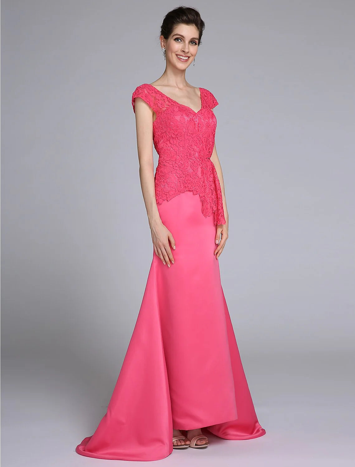 Wholesale Mermaid / Trumpet Mother of the Bride Dress Elegant V Neck Sweep / Brush Train Satin Lace Short Sleeve No with Lace