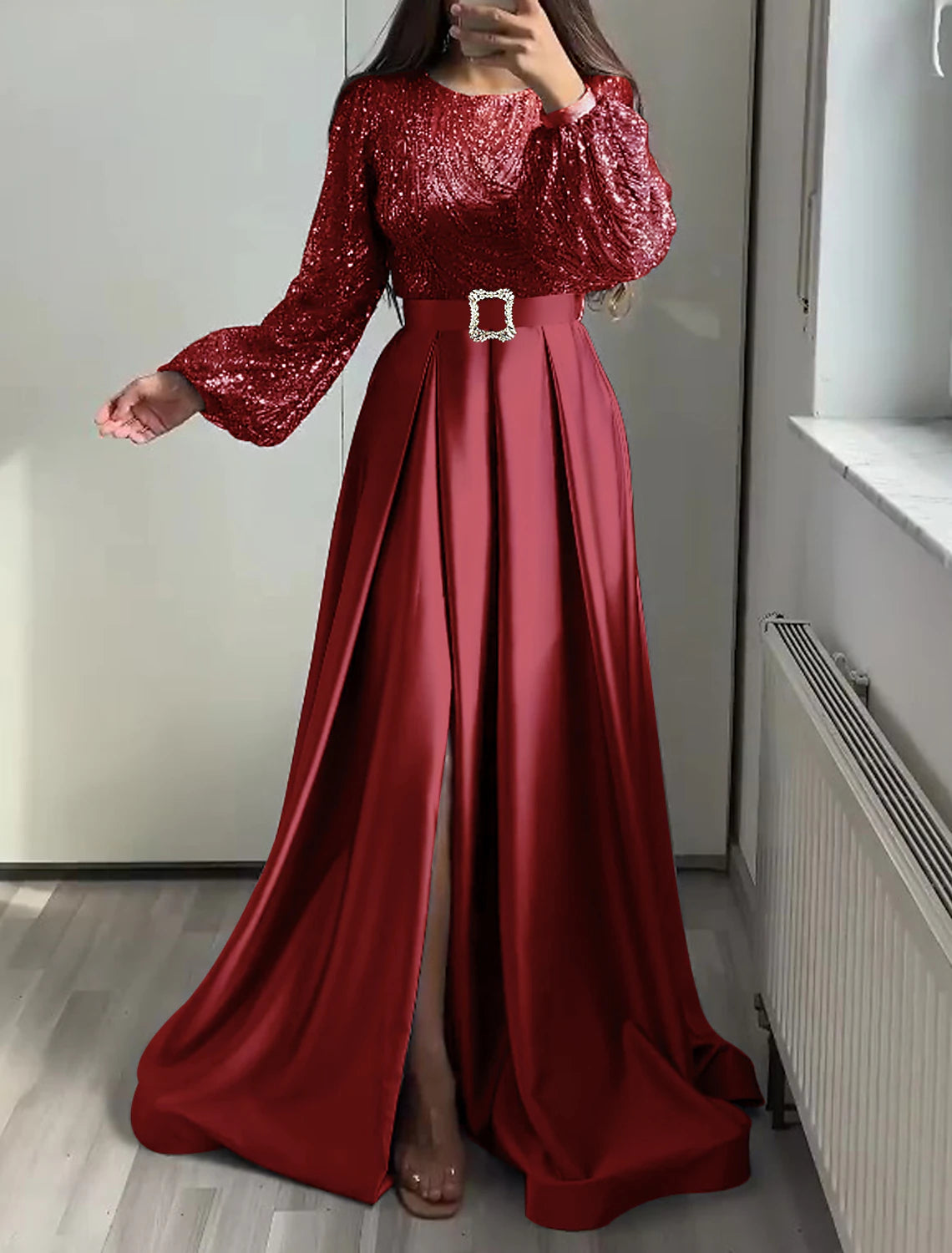 Wholesale A-Line Evening Gown Elegant Dress Wedding Black Tie Floor Length Long Sleeve Jewel Neck Fall Wedding Guest Satin with Sequin