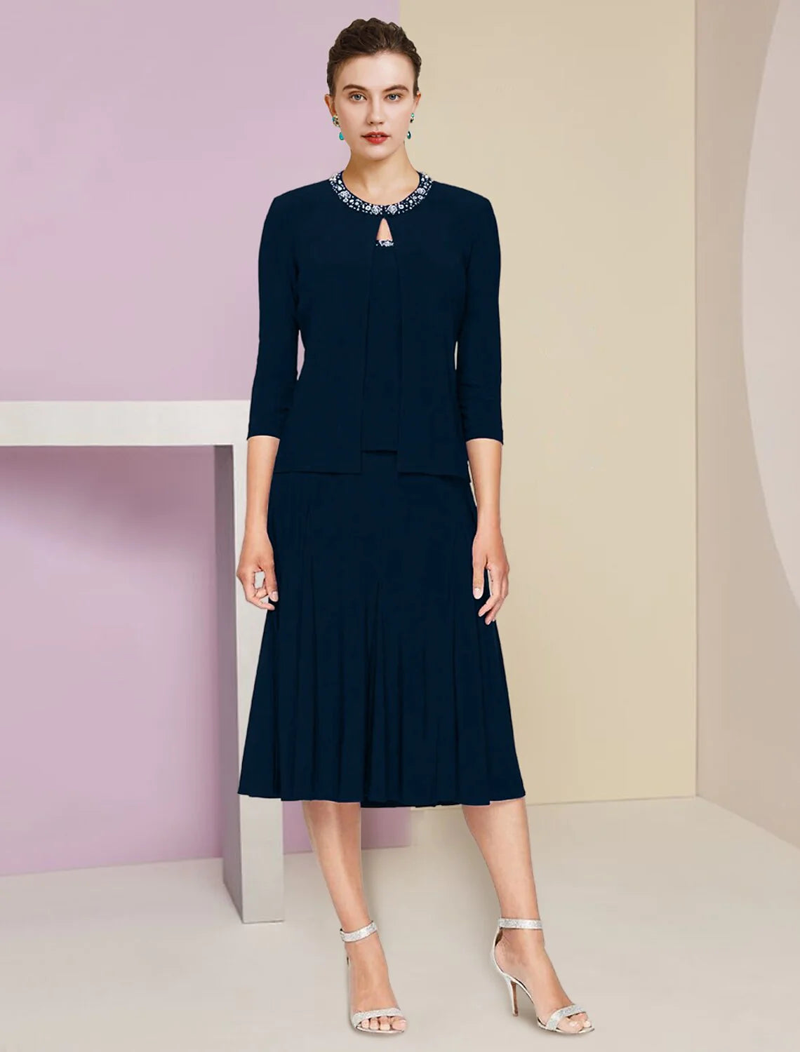 Wholesale A-Line Mother of the Bride Dress Wedding Guest Elegant Petite Jewel Neck Knee Length Stretch Fabric 3/4 Length Sleeve with Pleats Crystals