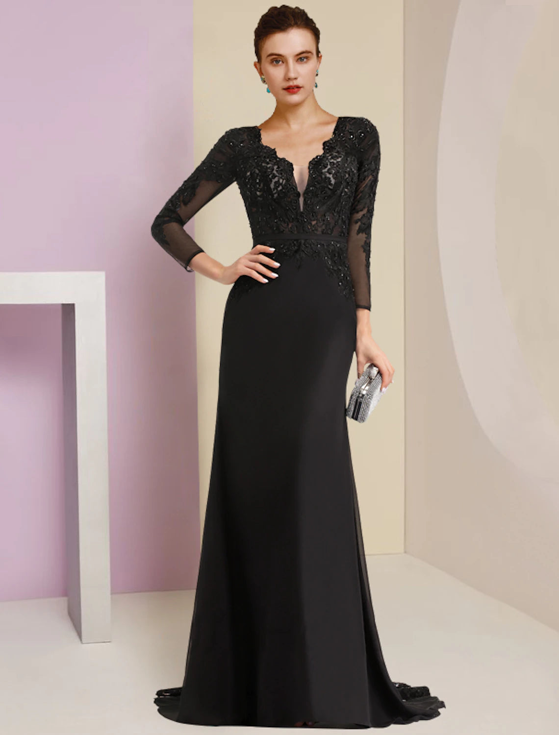 Wholesale  Sheath / Column Mother of the Bride Dress Wedding Guest Vintage Party V Neck Court Train Chiffon Lace Long Sleeve with Sequin