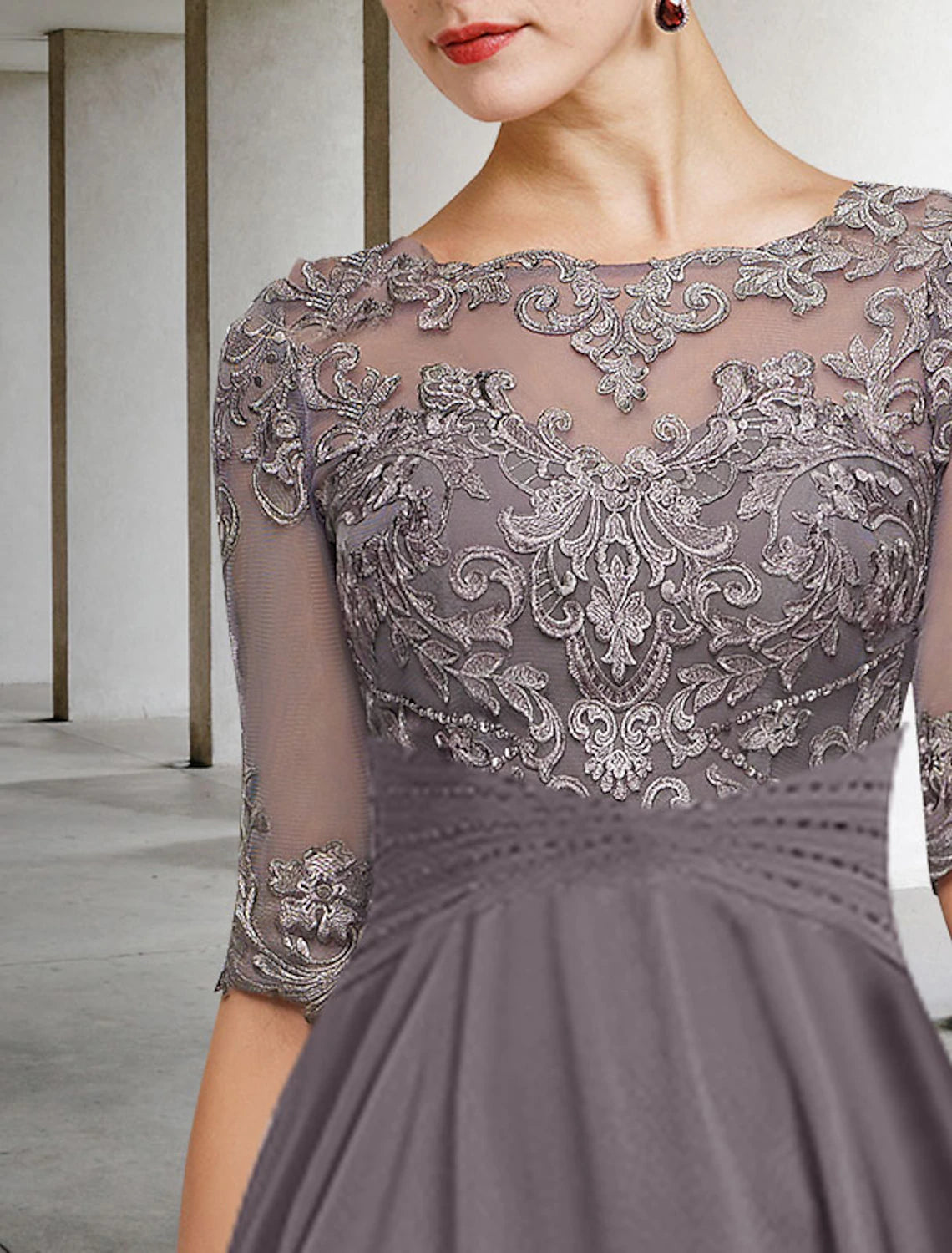 Wholesale  A-Line Mother of the Bride Dress Plus Size Elegant High Low Jewel Neck Asymmetrical Ankle Length Chiffon Lace Half Sleeve with Beading Ruffles Appliques