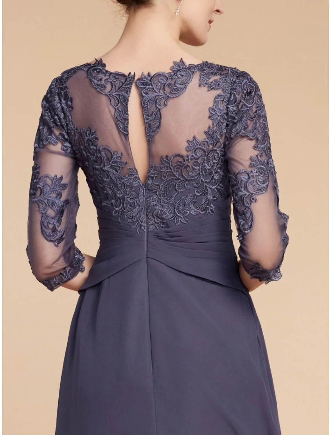 Wholesale A-Line Mother of the Bride Dress Wedding Guest Elegant Scoop Neck Ankle Length Chiffon Lace 3/4 Length Sleeve with Ruching Solid Color