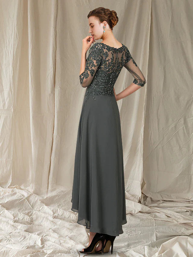 Wholesale A-Line Mother of the Bride Dress Elegant High Low V Neck Asymmetrical Ankle Length Chiffon Lace Half Sleeve with Pleats Appliques