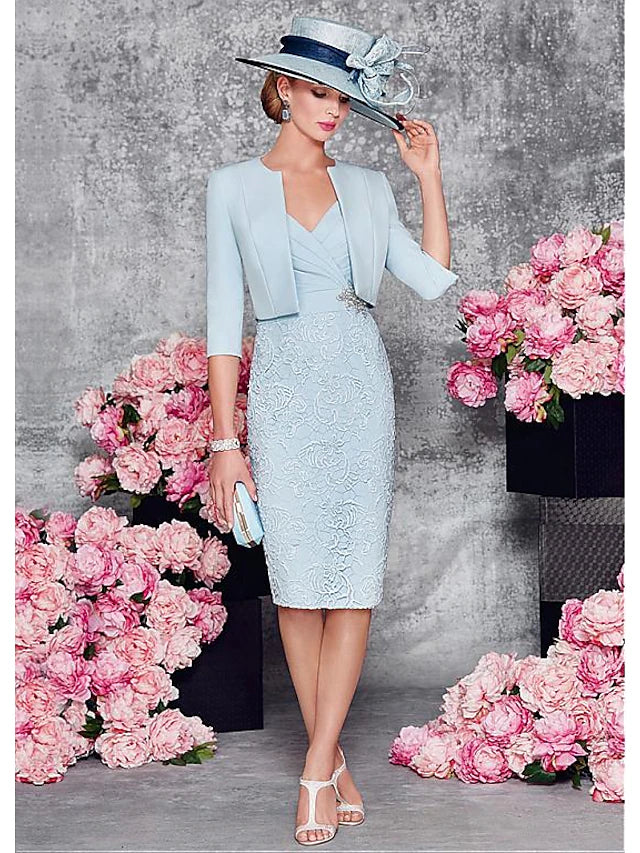 Wholesale Two Piece Sheath / Column Mother of the Bride Dress Wedding Guest Church Plunging Neck Knee Length Satin Lace Half Sleeve Short Jacket Dresses with Lace Split Front Crystal Brooch