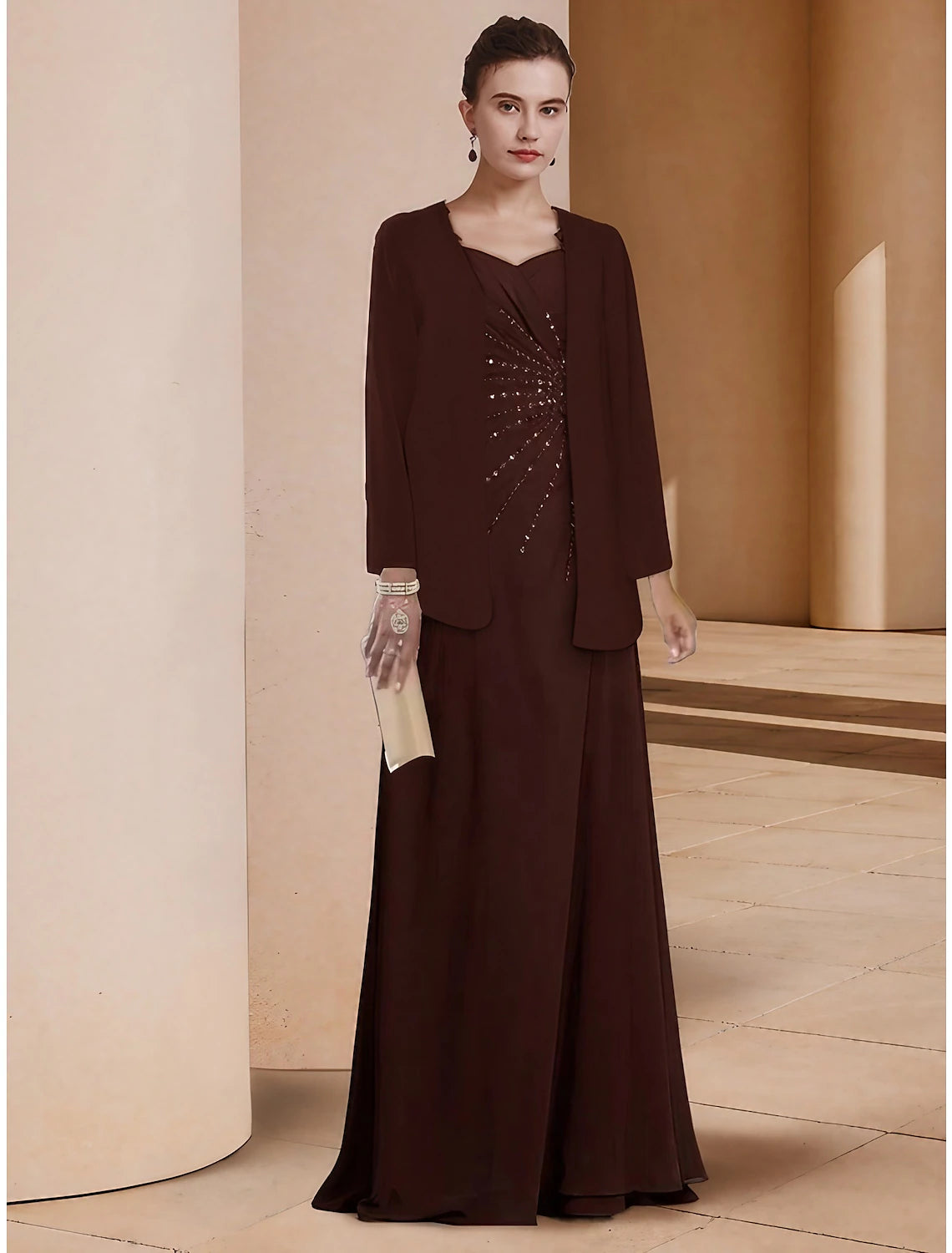 Wholesale Sheath / Column Mother of the Bride Dress Wedding Guest Elegant Scoop Neck Floor Length Stretch Chiffon Long Sleeve with Sequin Ruching