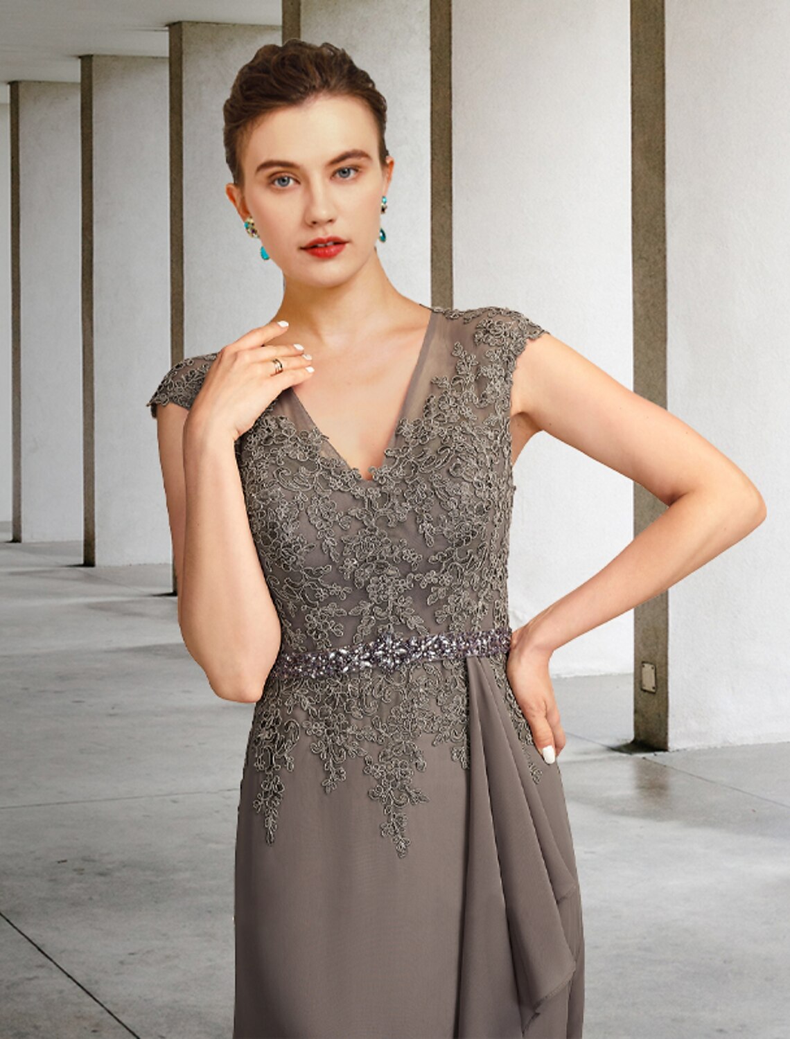 Wholesale  A-Line Mother of the Bride Dress Elegant V Neck Floor Length Chiffon Lace Cap Sleeve with Sash / Ribbon Appliques