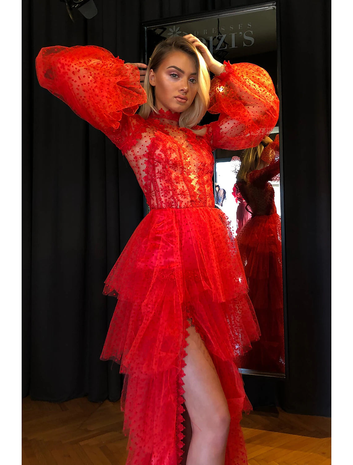 Wholesale Sheath / Column Empire Sexy High Split Party Wear Prom Valentine's Day Dress High Neck Long Sleeve Floor Length Lace