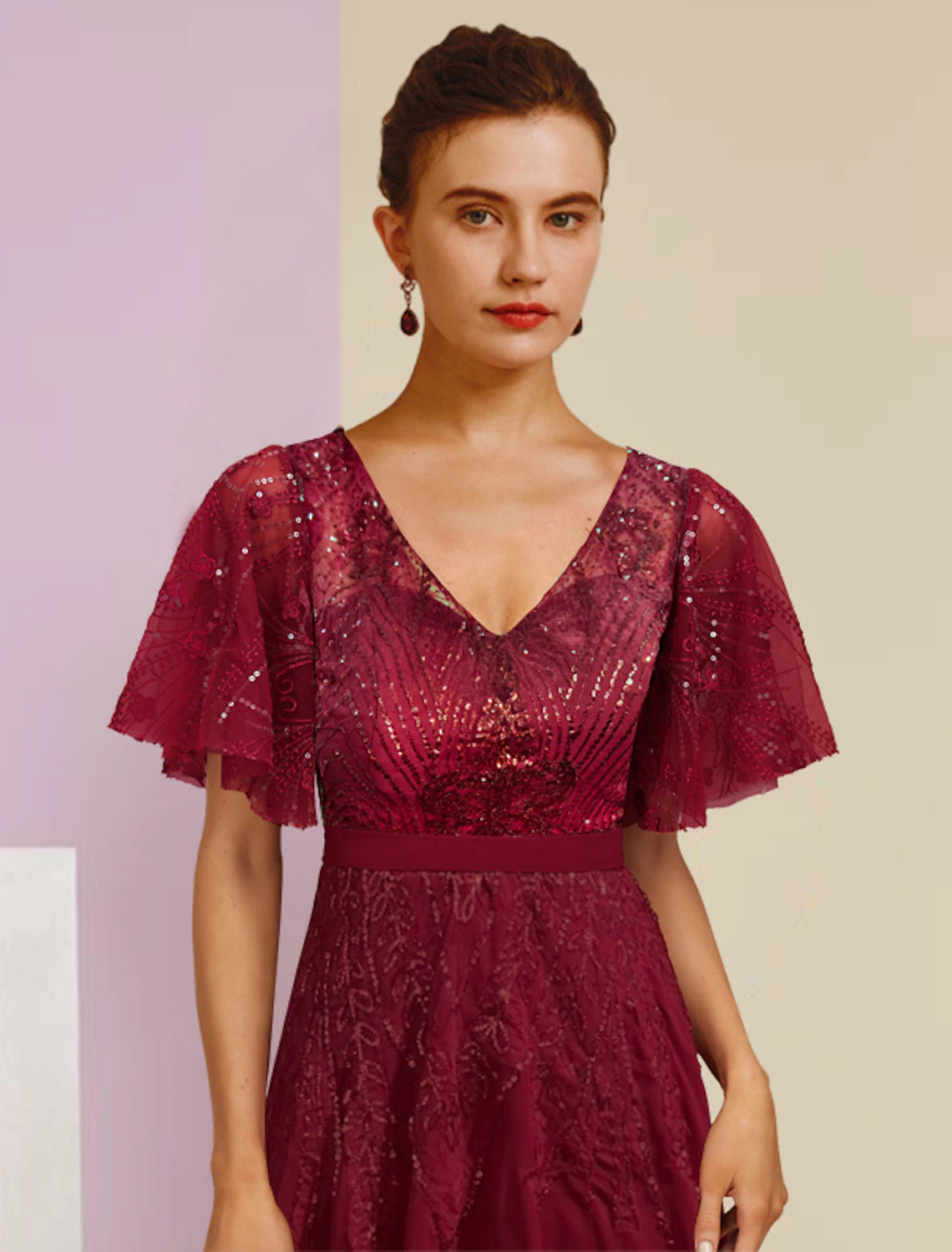 Wholesale  Sheath / Column Mother of the Bride Dress Wedding Guest Elegant Sparkle & Shine V Neck Floor Length Chiffon Lace Sequined Short Sleeve with Pleats Split Front