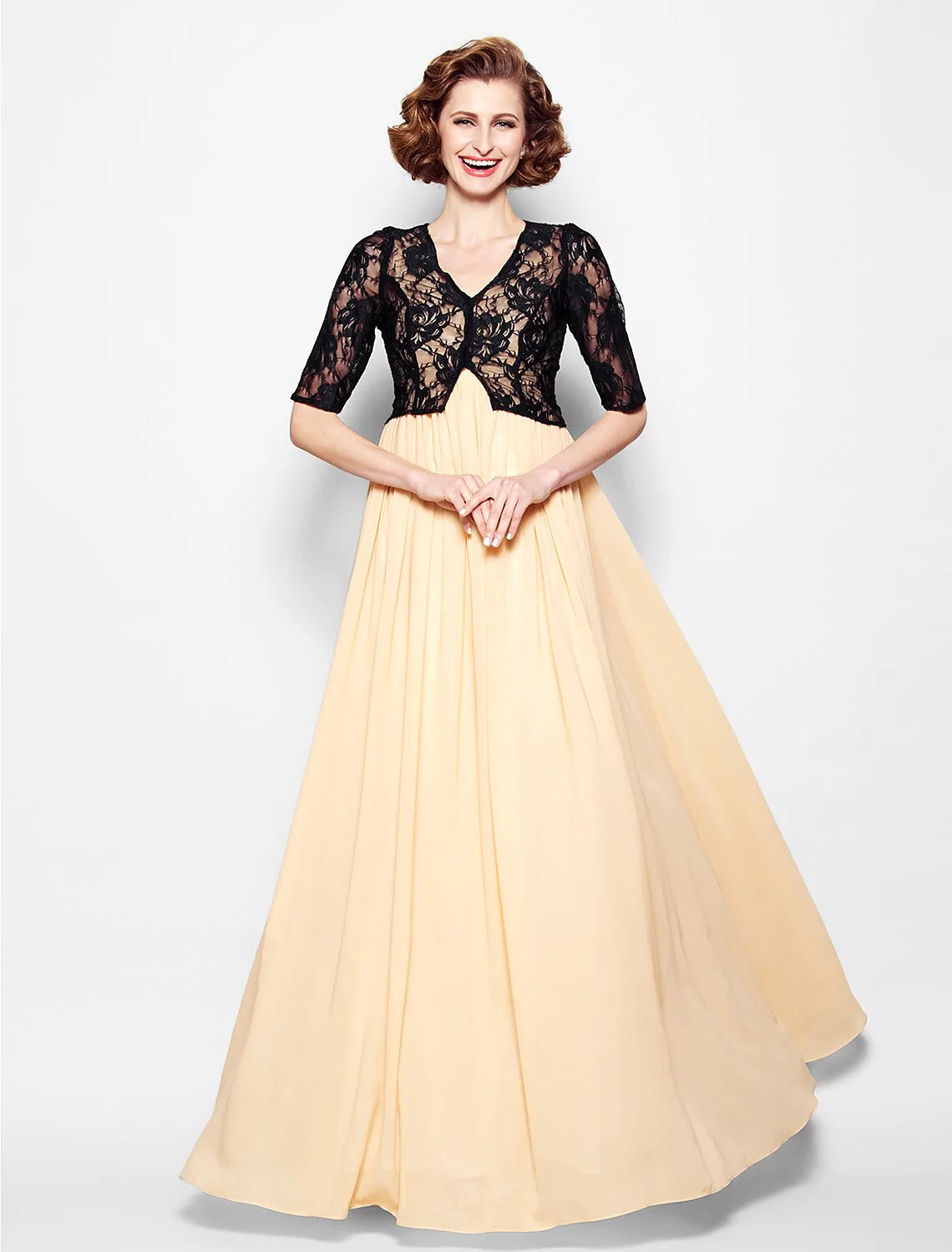 Wholesale A-Line Mother of the Bride Dress Wrap Included V Neck Floor Length Chiffon Lace Half Sleeve yes with Lace