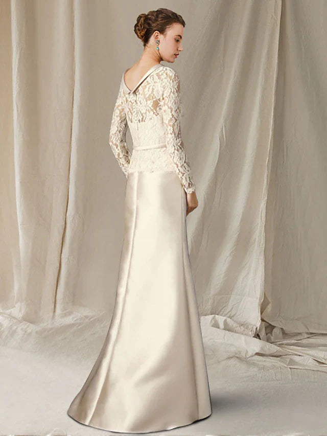Wholesale A-Line Mother of the Bride Dress Elegant V Neck Sweep / Brush Train Satin Lace Long Sleeve with Bow(s) Flower