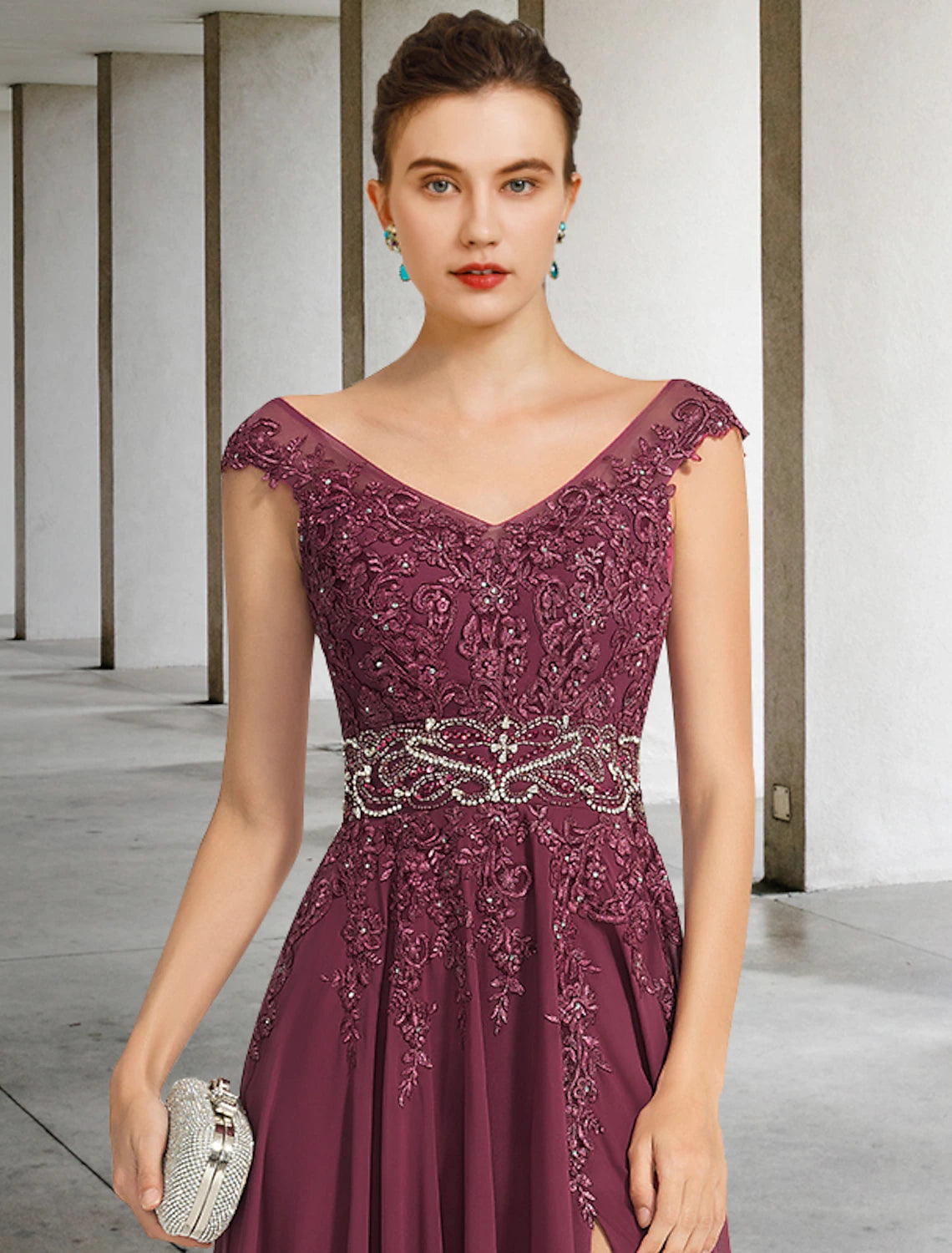 Wholesale  A-Line Mother of the Bride Dress Luxurious Elegant V Neck Floor Length Chiffon Lace Sleeveless with Sash / Ribbon Beading Split Front