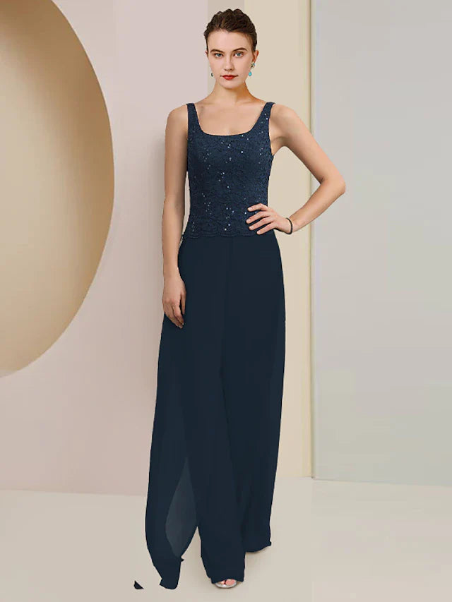 Wholesale Jumpsuit / Pantsuit 3 Piece Mother of the Bride Dress Formal Wedding Guest Plus Size Elegant Scoop Neck Floor Length Chiffon Lace Sleeveless Wrap Included with Sequin