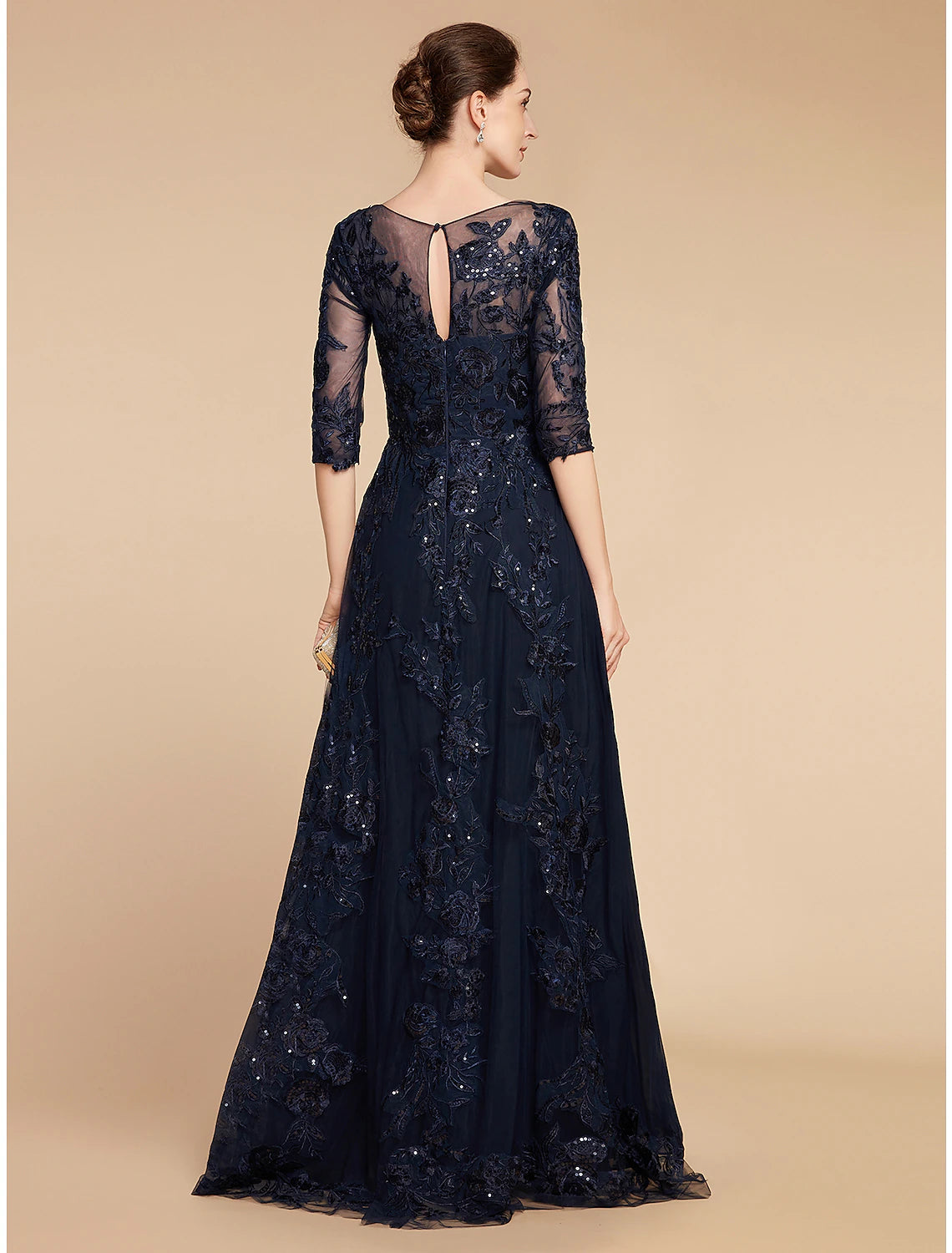 Wholesale A-Line Mother of the Bride Dress Formal Wedding Guest Elegant Party Scoop Neck Floor Length Chiffon Lace 3/4 Length Sleeve with Sequin Appliques