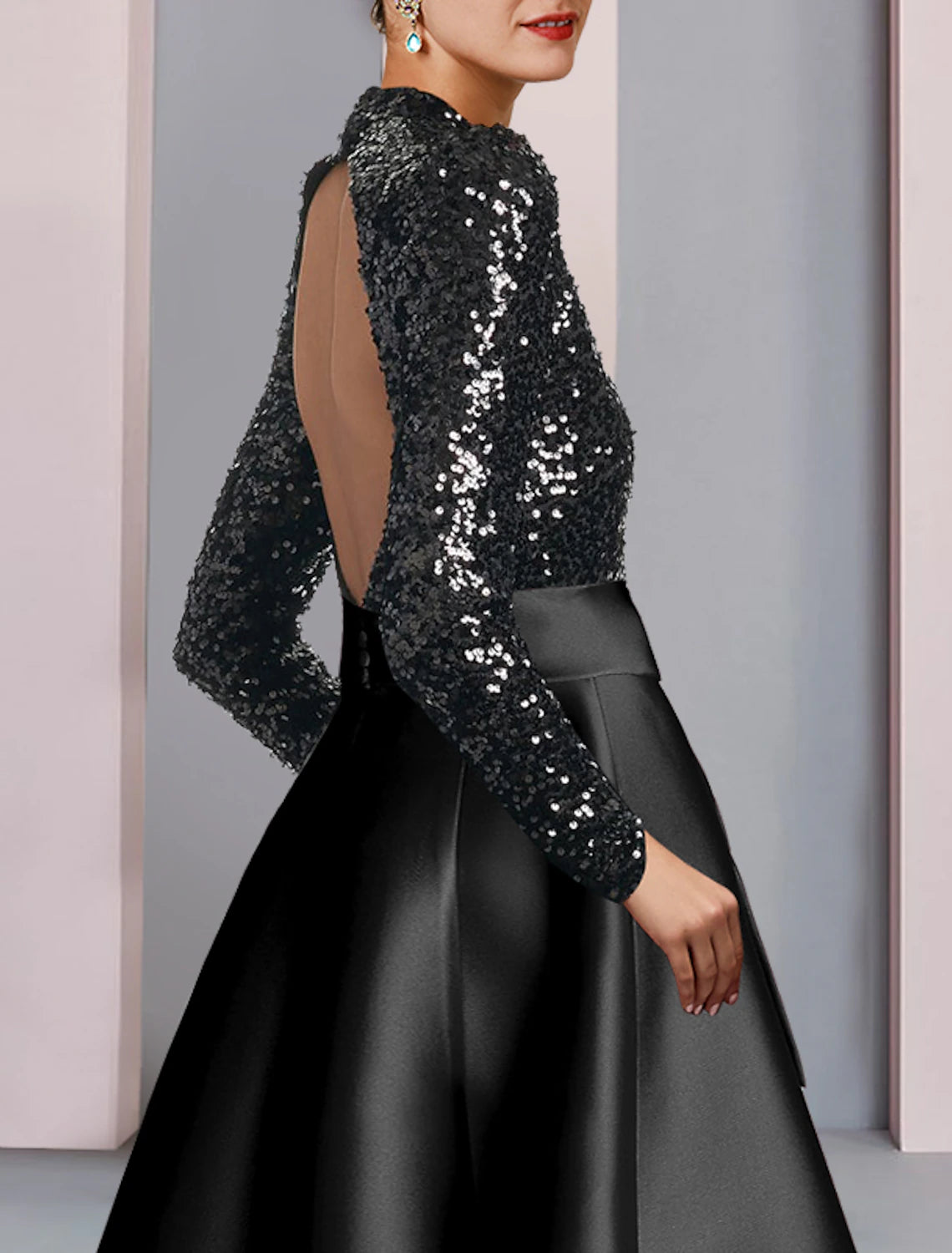 Wholesale  A-Line Mother of the Bride Dress Wedding Guest Elegant Sparkle & Shine High Neck Tea Length Satin Sequined Long Sleeve with Bow(s) Pleats