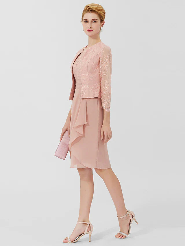 Wholesale Sheath / Column Mother of the Bride Dress Formal Classic & Timeless Elegant & Luxurious Convertible Dress Jewel Neck Knee Length Chiffon Sheer Lace 3/4 Length Sleeve with Sash / Ribbon