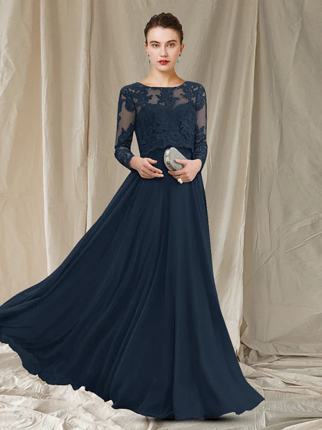 Wholesale A-Line Mother of the Bride Dress Elegant Jewel Neck Floor Length Chiffon Lace Long Sleeve with Appliques