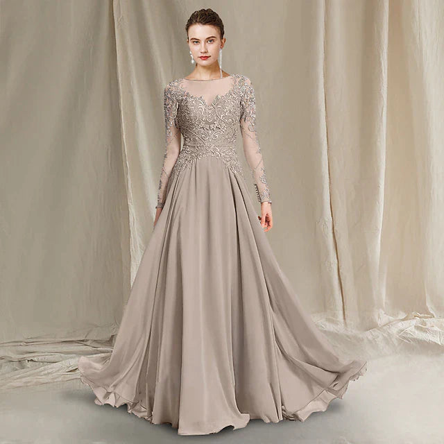 Wholesale A-Line Mother of the Bride Dress Luxurious Elegant Jewel Neck Floor Length Chiffon Lace Long Sleeve with Pleats Appliques